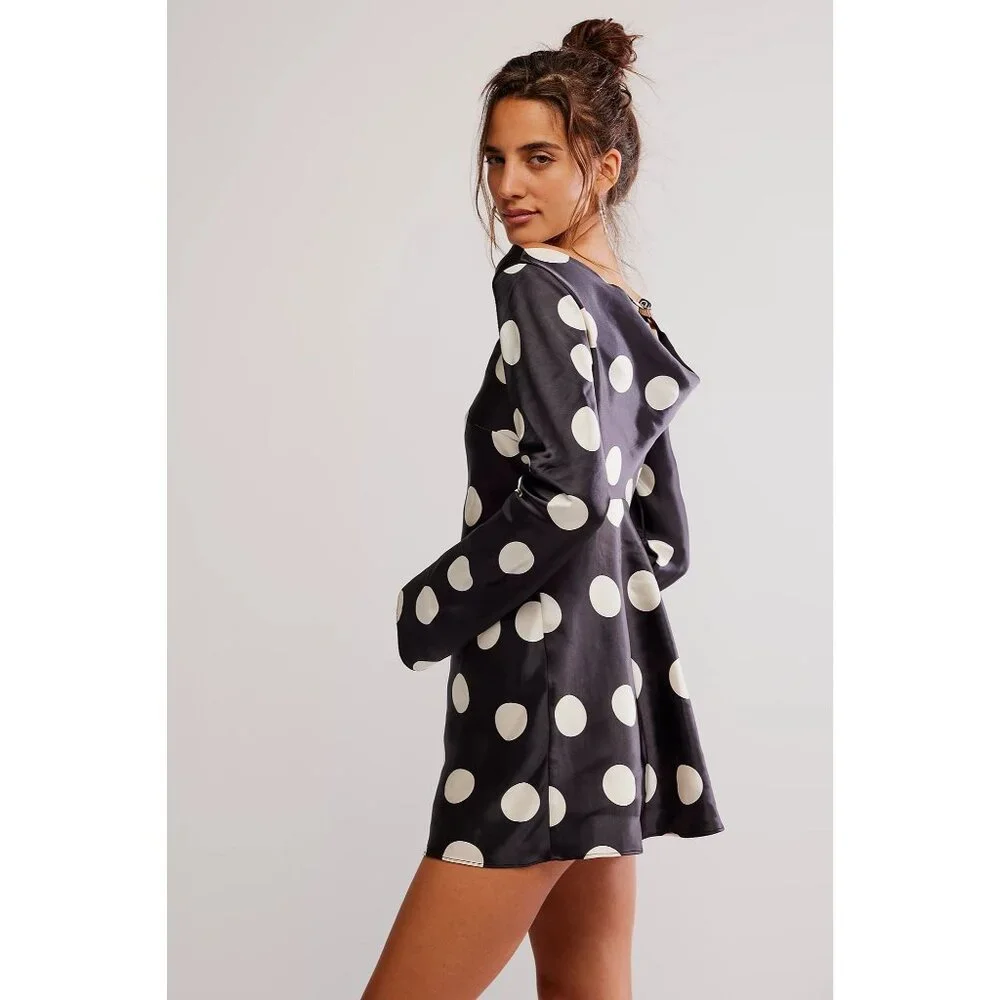 Free People Tigre Printed Mini Dress in Black Combo XSmall New Womens Satin Polk